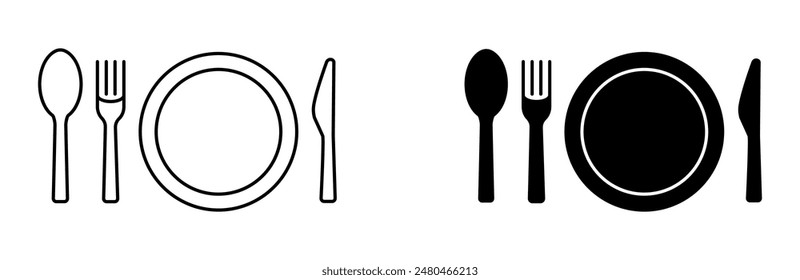 Cutlery icon. Spoon, forks, knife symbol. Plate sign. Dish illustration.