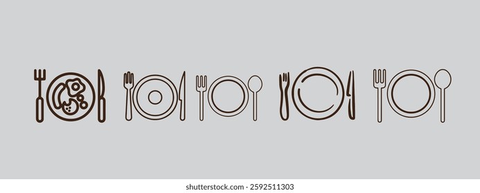 Cutlery icon. Spoon, forks, knife symbol. Plate sign. Dish illustration.