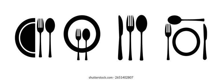 Ícone de talheres. Colher, garfos, faca, prato. conceito de negócios do restaurante, ilustração vetorial.
