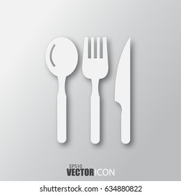 Cutlery icon in white style with shadow isolated on grey background. For your design, logo. Vector illustration.