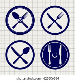 Cutlery icons on notebook page. Plate, fork, knife and spoon vector illustration