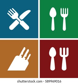 cutlery icons set. Set of 4 cutlery filled icons such as spoon and fork, fork and spoon, fork and knife