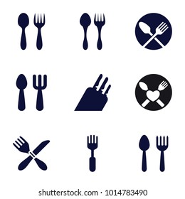 Cutlery icons. set of 9 editable filled cutlery icons such as spoon and fork, fork and spoon