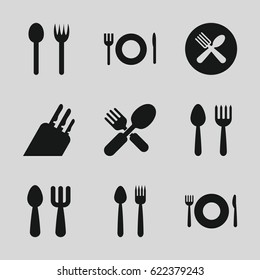 Cutlery icons set. set of 9 cutlery filled icons such as spoon and fork, plate fork and spoon