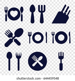 Cutlery icons set. set of 9 cutlery filled icons such as plate fork and spoon, fork and spoon