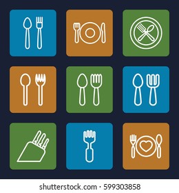 cutlery icons set. Set of 9 cutlery outline icons such as spoon and fork, plate fork and spoon