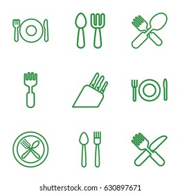 Cutlery icons set. set of 9 cutlery outline icons such as plate fork and spoon, fork and spoon