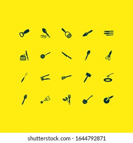 Cutlery icons set with pizza slicer, ladle, equipment and other garlic press elements. Isolated vector illustration cutlery icons.