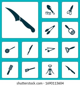 Cutlery icons set with slotted spoon, gadget, corkscrew and other wine opener elements. Isolated vector illustration cutlery icons.