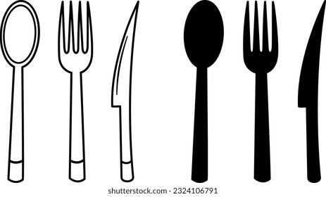 Cutlery icons. Vector Black and White Illustration of Spoon, Fork, and Knife for Travel