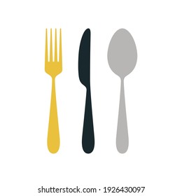 cutlery illustration, vector kitchen objects fork, spoon and knife isolated on white background, colored set with kitchenware