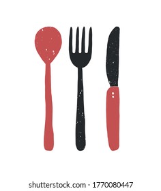 Cutlery illustration. Vector objects: black and red fork, spoon and knife with grunge texture isolated on white background. 