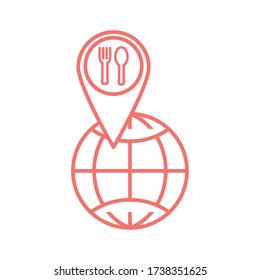 cutlery inside gps mark and global sphere line style icon design, Food delivery logistics transportation and shipping theme Vector illustration