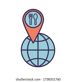 cubertería dentro de la marca gps y línea global de esfera y estilo de relleno diseño de iconos, entrega de comida logística transporte y envío tema Vector ilustración