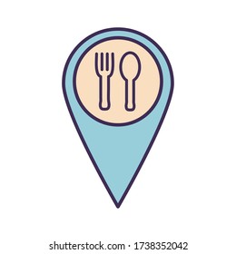 cutlery inside gps mark line and fill style icon design, Food delivery logistics transportation and shipping theme Vector illustration