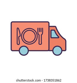 cutlery inside truck line and fill style icon design, Food delivery logistics transportation and shipping theme Vector illustration