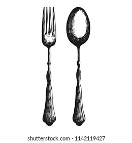 cutlery isolated objects vintage. spoon and fork on a white background.