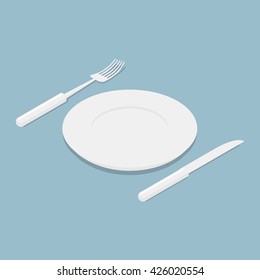 Cutlery isometrics. 3d Empty plate. Knife and fork. Kitchen utensils for eating. eating food