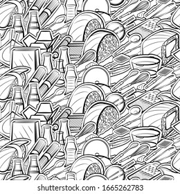 Cutlery and Japanese food pattern. Background for printing, design, web. Seamless. Monochrome binary, black and white.