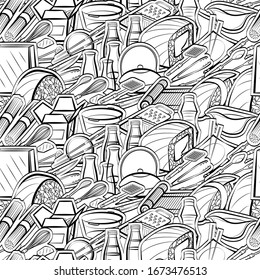 Cutlery and Japanese food pattern. Background for printing, design, web. Seamless. Monochrome binary, black and white.