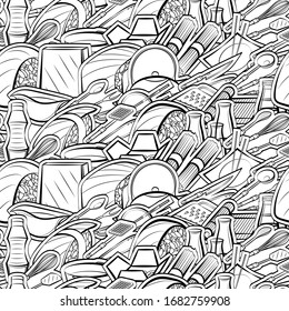 Cutlery and Japanese food pattern. Background for printing, design, web. Seamless. Monochrome binary, black and white.