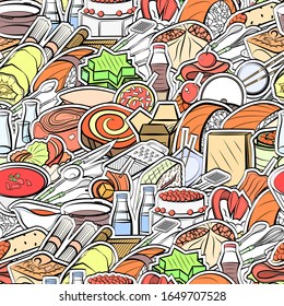 Cutlery, Japanese food and Snacks pattern. Background for printing, design, web. Seamless. Colored.