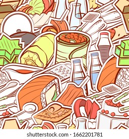 Cutlery, Japanese food and Snacks pattern. Background for printing, design, web. Seamless. Colored.