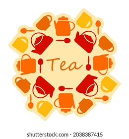 Cutlery, kettle, tea cups. Vector Template for design. Tea lettering. Flat object, silhouette, Copy space for text