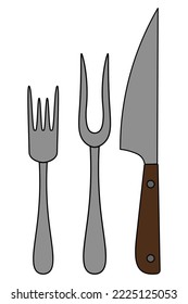 Cutlery. Kitchen knife, table fork, carving fork. Vector set of illustrations. Cartoon style. Collection of barbecue tools. Isolated background. Necessary items for serving a dinner table. 