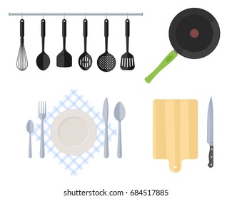 Cutlery, kitchen steel utensils and kitchenware set.  Flat vector illustration of cooking tools. Frying pan, slotted spatula, whisk, strainer, fork, spoon, table-knife, wooden cutting board and knife.