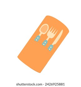 Cubertería herramientas de cocina aisladas sobre fondo blanco. Tenedor, cuchara y cuchillo en paquete para el picnic. Ilustración plana vectorial.