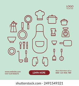 Cutlery Kitchen tools set. Kitchen utensils icon collection with knife, spoon, fork, pans, cup, teapot, grater, rolling pin, cutting board, Cooking and kitchenware food. Househol in flat cartoon style