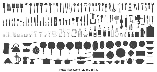 Cutlery and kitchen utensils set. Kitchenware silhouette on white. Vector illustration