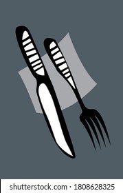 Cutlery, knife and fork on the table. Vector drawing for illustrations.