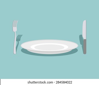 Cutlery: knife and fork, plate. On a green background. Rule table. Vector illustration