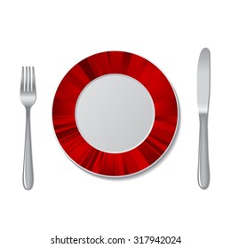 Cutlery. Knife and fork, plate. On a white background. Vector illustration