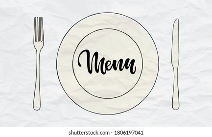 Cuchillo de cuchillería, tenedor, iconos de doodle vectorial de placa con menú de palabras con letras. Diseño para el restaurante a la carta y la cafetería. Cubertería de cocina, restaurante a la carta y cafetería typo
