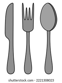 Cutlery. Knife, fork and spoon. Colored vector illustration set. Cartoon style. Collection of silver tools for eating. Isolated background. Lunch stock. Necessary items for serving a dinner table. 