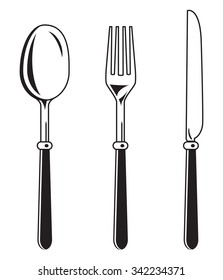 Cutlery. Knife, fork spoon. Conceptual illustration. offprint. Elements tableware vector. Monochrome utensils