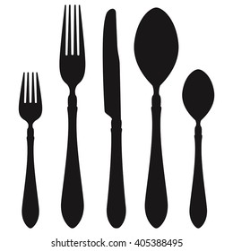 Cutlery - knife, fork, spoon, teaspoon, dessert fork. Black icon set. Vector illustration isolated on white background