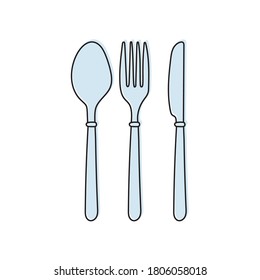 Cutlery-Messer, Gabel und Löffel-Vektordoodle-Symbole. Einzeln auf weißem Hintergrund. Bearbeitbarer Strich.