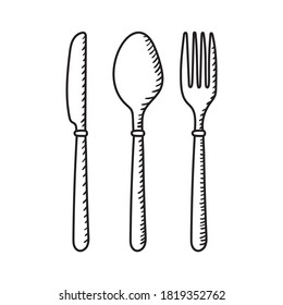 Cutlery knife, fork and spoon vector doodle icons. Isolate on white background. 