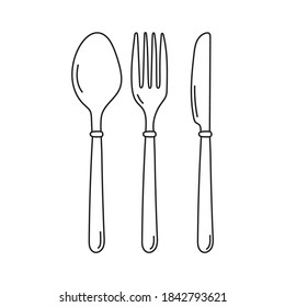 Cutlery Knife, Fork And Spoon Vector Doodle Icons. Isolate On White Background. Editable Stroke.