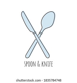 Cutlery knife and spoon vector doodle icons. Isolate on white background. Editable stroke.
