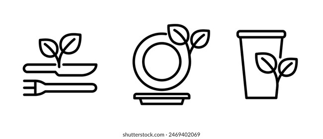 Cubertería con iconos de contorno de hojas. Símbolo de utensilio de cocina ecológico. Trazo editable. Ilustración vectorial aislada 