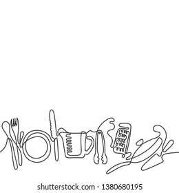 Cutlery line art background. One line drawing of different kitchen utensils. Vector illustration
