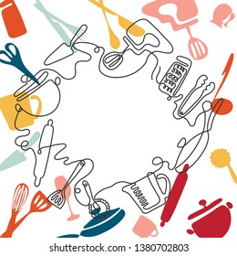 Cutlery line art background. One line drawing of different kitchen utensils. Vector illustration