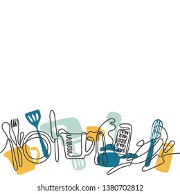 Cutlery line art background. One line drawing of different kitchen utensils. Vector