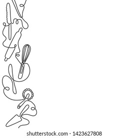 Cutlery line art background. One line drawing of different kitchen utensils. Vector illustration