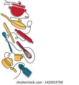 Cutlery line art background. One line drawing of different kitchen utensils. Vector illustration